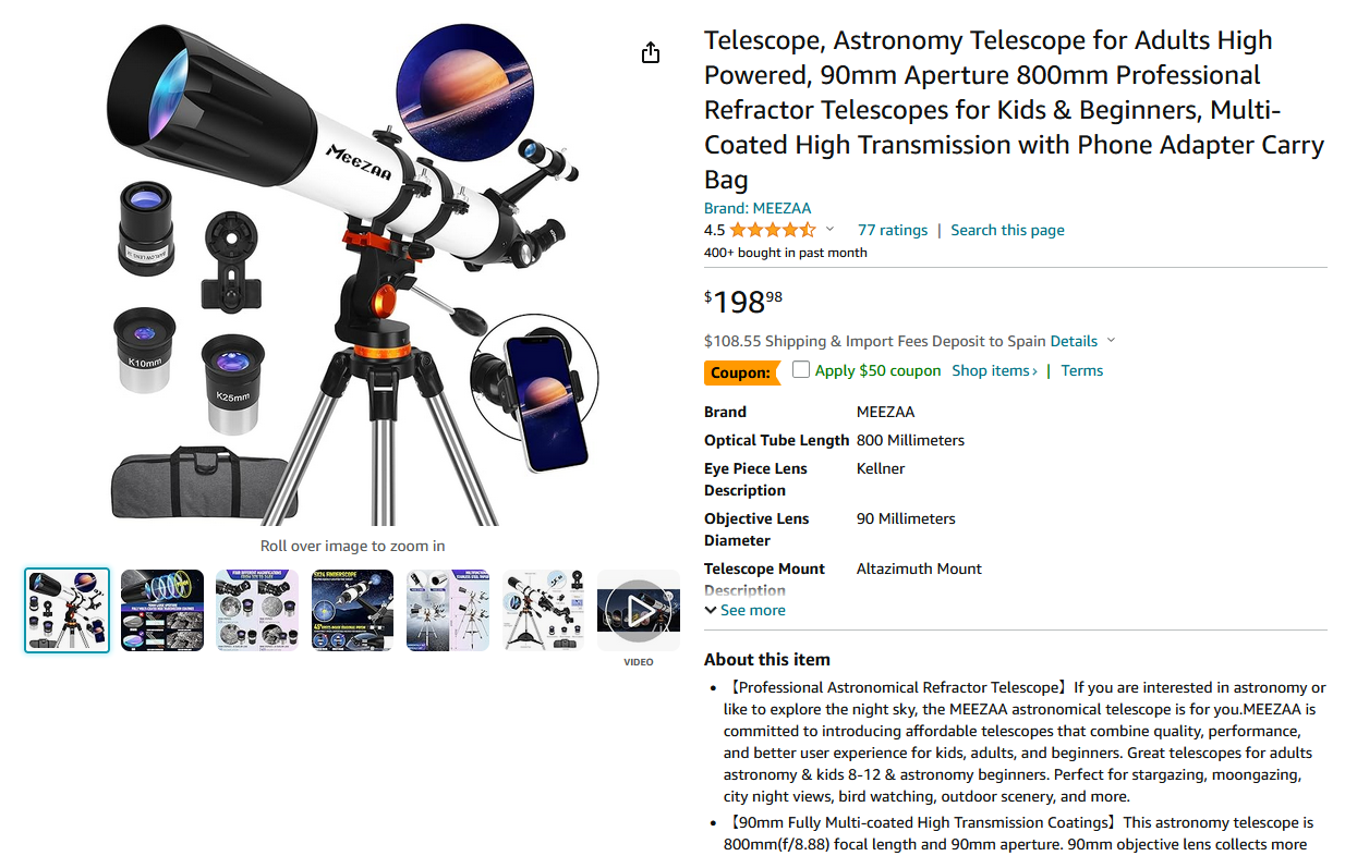 Amazon page of a hobby killer telescope