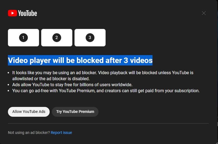 Ad blockers are not allowed on YouTube dialog